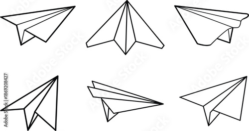 Set of linear origami paper airplane icons featuring various folded wing designs for creativity and startup growth