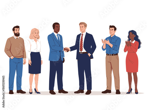 Diverse group of business professionals shaking hands and greeting each other in a friendly manner