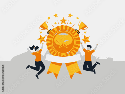 Two people jumping for joy with a large golden award ribbon and trophies