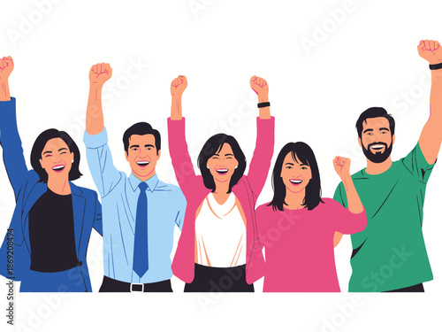 Diverse group of people celebrating with raised arms in a team