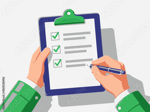 Hands holding a clipboard with a checklist and pen in a close up view