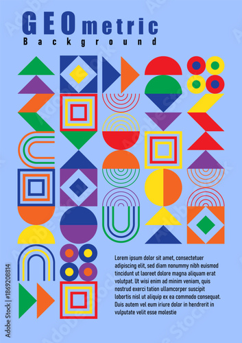 Abstract geometric patterns in various colors and shapes have empty spaces at the top and bottom right for placing text on a blue background.