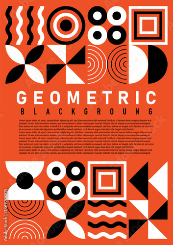 Abstract geometric shapes in white and black are placed at the top and bottom, with a space in the middle for text on an orange background.