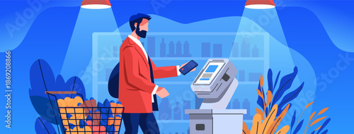 Self checkout supermarket man using smartphone digital payment grocery shopping cart modern store blue background