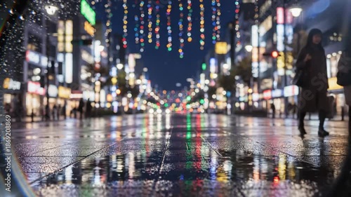 Wallpaper Mural Rainy night street view through camera lens with colorful lights and reflections of pedestrians Torontodigital.ca
