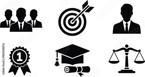 Set of black solid business icons featuring a target, award ribbon, graduation cap, and justice scales