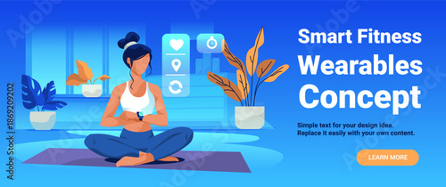 Smart fitness wearables concept woman using smartwatch yoga mat indoor plants blue background UI icons modern website banner