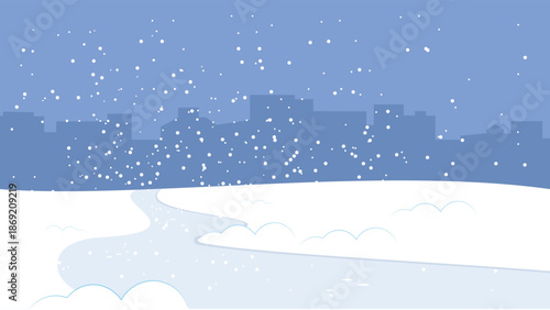 Minimal winter city illustration with falling snow, soft clouds, and a winding snowy path. Clean blue-toned background with calm seasonal mood, ideal for winter designs, banners, and holiday visuals.