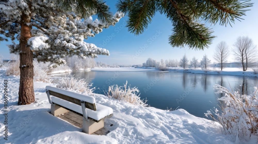 custom made wallpaper toronto digitalSnowy winter landscape with bench by frozen lake