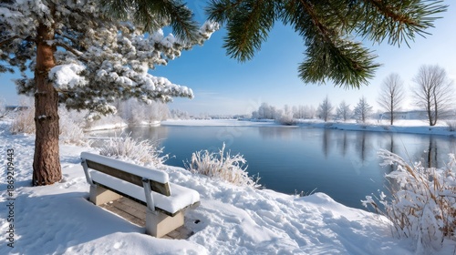 Wallpaper Mural Snowy winter landscape with bench by frozen lake Torontodigital.ca