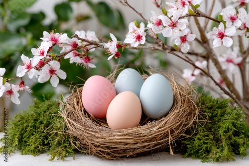 Pastel Easter eggs in nest with spring blossom