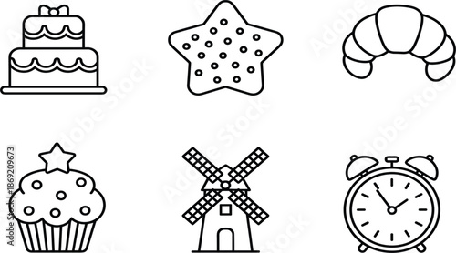 Set of linear bakery icons including tiered cake, star cookie, croissant, decorated cupcake, windmill, and alarm clock
