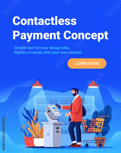 Contactless payment concept man using smartphone self checkout supermarket shopping cart modern store interior blue background template