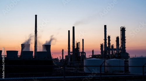 Silhouetted Industrial Plant Emitting Steam at Dusk Against a Colorful Sky