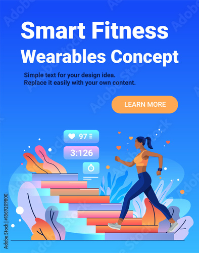 Smart fitness wearables concept woman running stairs health data smartwatch colorful background website banner