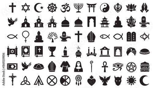 World Religions and Spiritual Symbols Icon Set - Vector Design. Includes symbols for faith, prayer, places of worship, and sacred objects in a flat vector style
