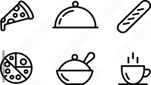 Set of linear restaurant icons including pizza slice, cloche serving tray, baguette bread, and hot coffee cup
