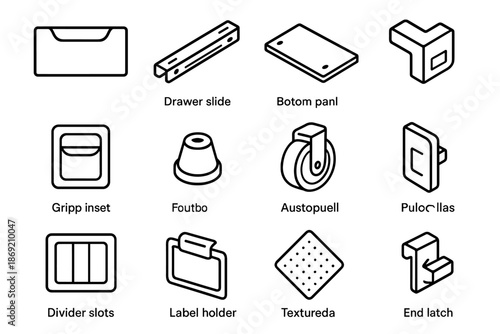 Icon drawer roller system latch inset slots base stacking label vector icons