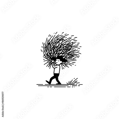 Illustration of man carrying hay agriculture farm work rural harvest farmer field crop labor intensive 100