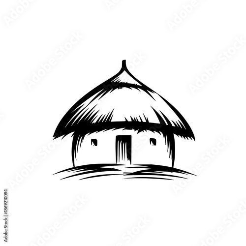Hut drawing vector illustration of traditional african house rural dwelling village thatch roof and door sketch
