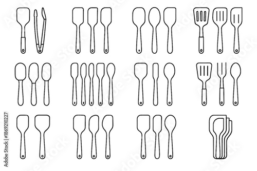 Set brush spatula spoon wood grill utensil compact vector icon
