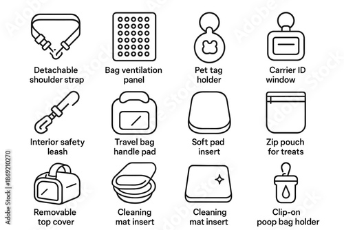 Bowl travel bag mat leash zip interior pet icon top accessories vector