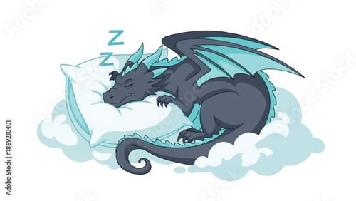 Sleeping Fantasy Dragon on Cloud with Pillow Vector Illustration for Children Storybook and Gaming Mascot