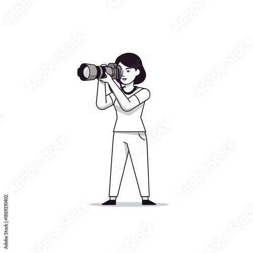 Woman photographer holding camera and taking a photo, illustration