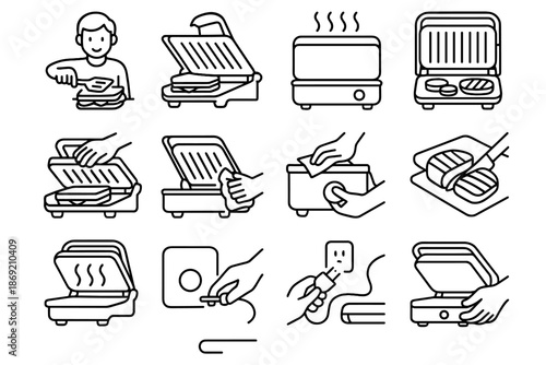 Grill open unplugging effect wiping grilled slicing press icon steaming vector