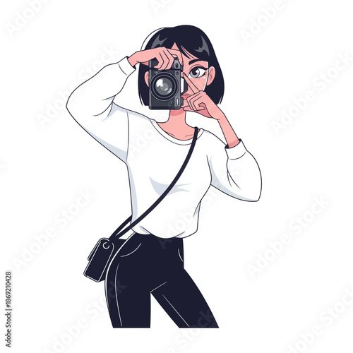 Woman photographer taking a picture with a DSLR camera, vector illustration, isolated on white
