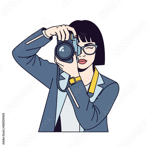 Woman Photographer Capturing Image with Vintage Camera, Modern Style Illustration