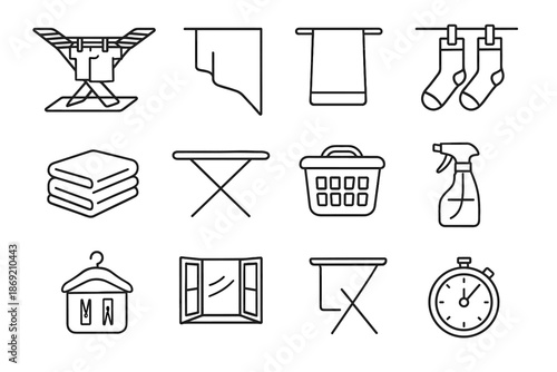 Laundry under bedsheet beside drying draped next board icon rack vector collection