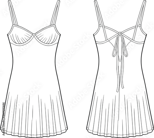 ad drawing flat vector illustration, nightdress slip design, pleated skirt fashion sketch, garment