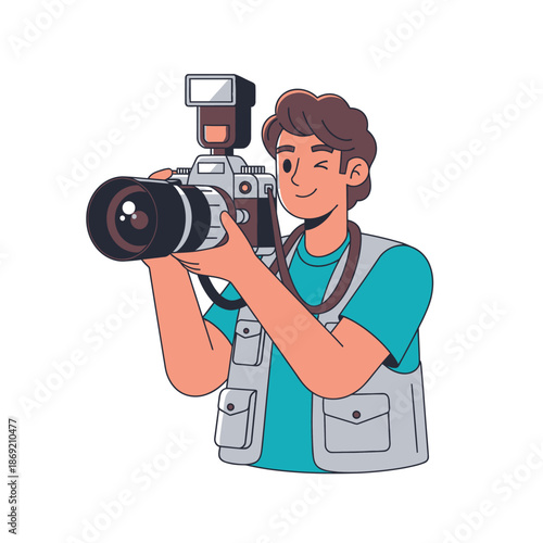 Happy Male Photographer with DSLR Camera and Flash, Vector Illustration, Winking