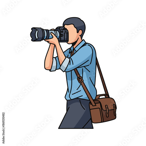 Man photographer with DSLR camera and shoulder bag taking picture, illustration