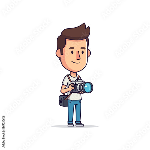 Cartoon Photographer with Camera and Bag, Vector Illustration, Isolated on White