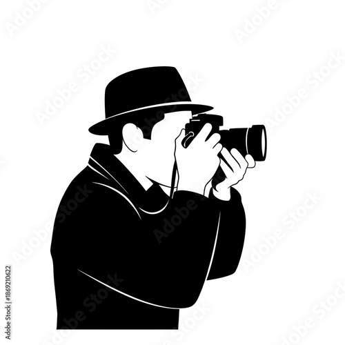 Silhouette of a Detective Photographer in Fedora Hat Taking Photo with DSLR Camera
