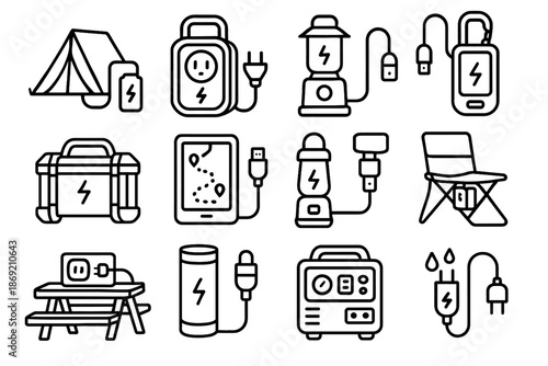 Vector backup power hiking outdoor trail table lantern icon waterproof box charging