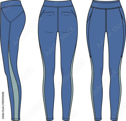 Athletic leggings fashion illustration, two-tone high-waisted design with curved side panels and back pockets, cad drawing flat vector illustration