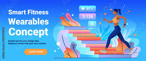Smart fitness wearables concept woman running stairs activity tracker heart rate timer modern gradient background website banner
