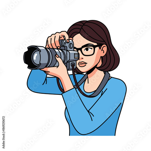 Woman photographer with glasses holding a professional camera, focused on shooting.