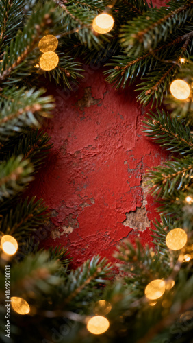 Christmas wreath with pine branches and warm lights on a red textured background