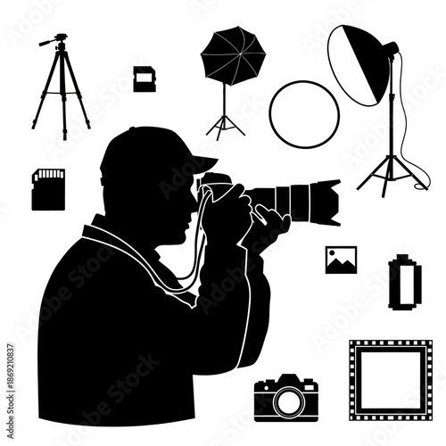 Photographer Silhouette with Camera and Studio Lighting Equipment Icons