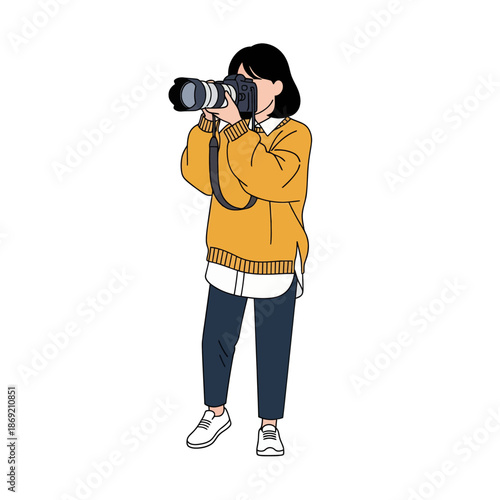 Young Woman Photographer Holding Camera, Capturing Image, Creative Hobby, Lifestyle Illustration