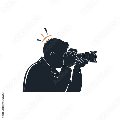 Silhouette of a photographer holding a camera, capturing a moment with flash symbol