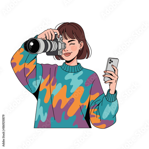 Young Woman Photographer with DSLR Camera and Smartphone, Modern Style