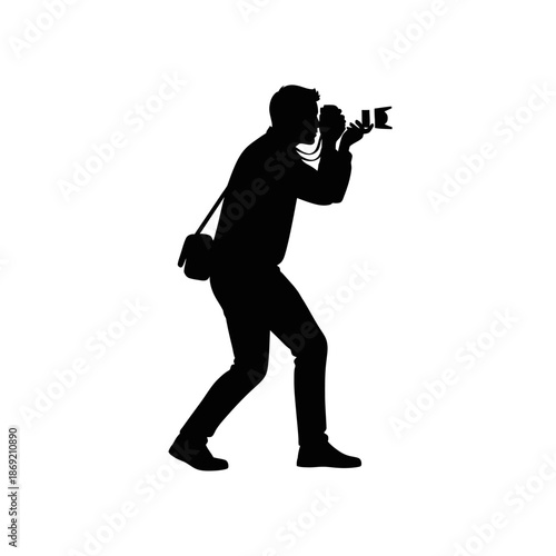 Silhouette of a photographer taking a picture with a professional camera, white background