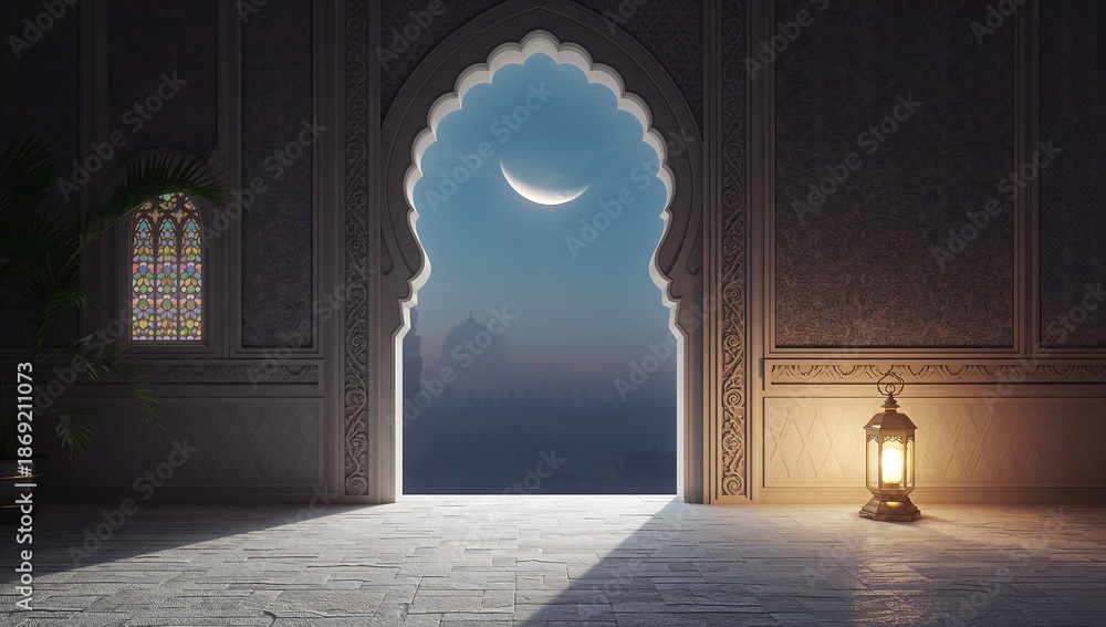 Fototapeta premium Glowing lantern sitting next to a crescent moon at night in a doorway