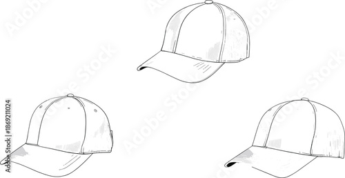 Baseball cap illustration, line art design, sports accessory drawing, headwear sketch, casual fashion, hat outline, simple 