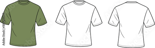 Basic crew neck t-shirt front and back view, olive green and white color, fashion flat sketch, apparel vector design